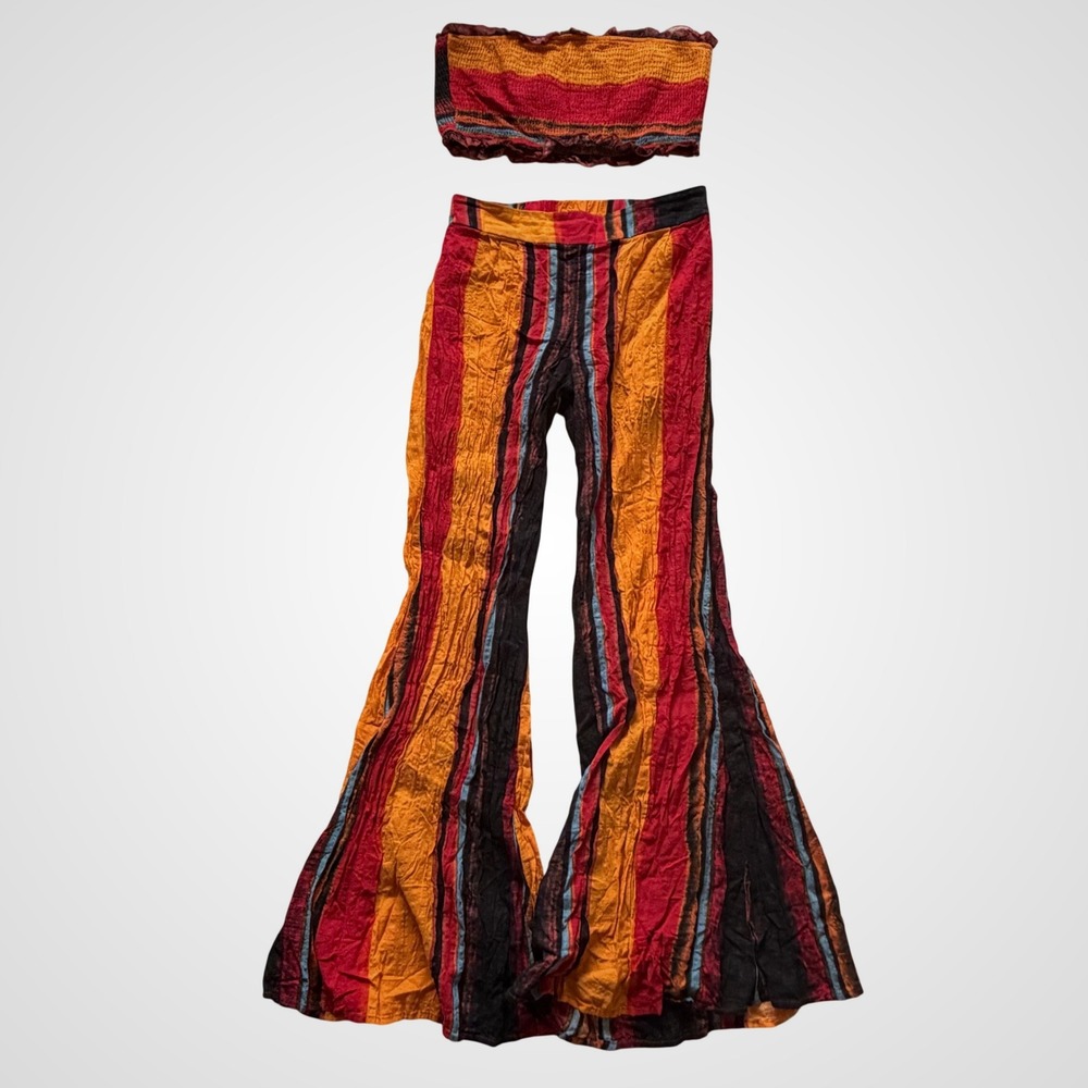 Cider Multicolor Wide Leg Pants w/Tube Top Set Size L Boho Hippie Festival Gauze